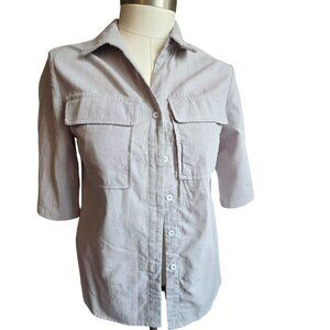Womens Grey Button-Up Shirt Button Tab Short Sleeves Pockets Size Small jj3749
